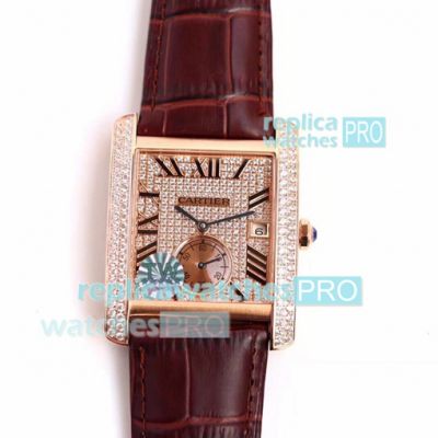 Swiss Replica Cartier Tank Diamond Iced Out Watch Rose Gold